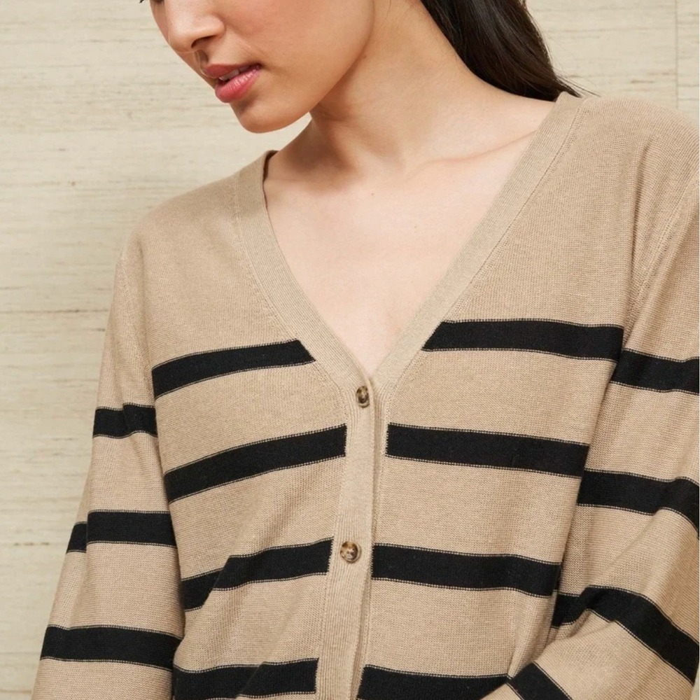 La Ligne Serge Cardigan Medium Tan Black Striped V-Neck Button Front Lightweight - Picture 4 of 13